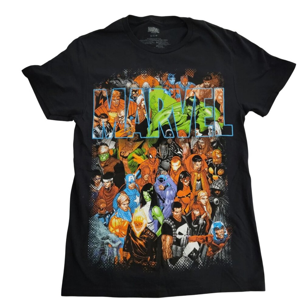 Marvel Comics Heroes Black T-Shirt S 100% Cotton Mens Crew Neck Graphic Tee - Picture 1 of 3